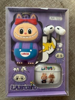 Labubu Purple Cartoon Earbuds with Case - Cute Character Design